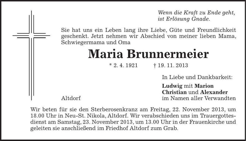 Traueranzeige Maria Brunnermeier