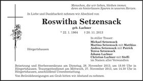 Traueranzeige Roswitha Setzensack