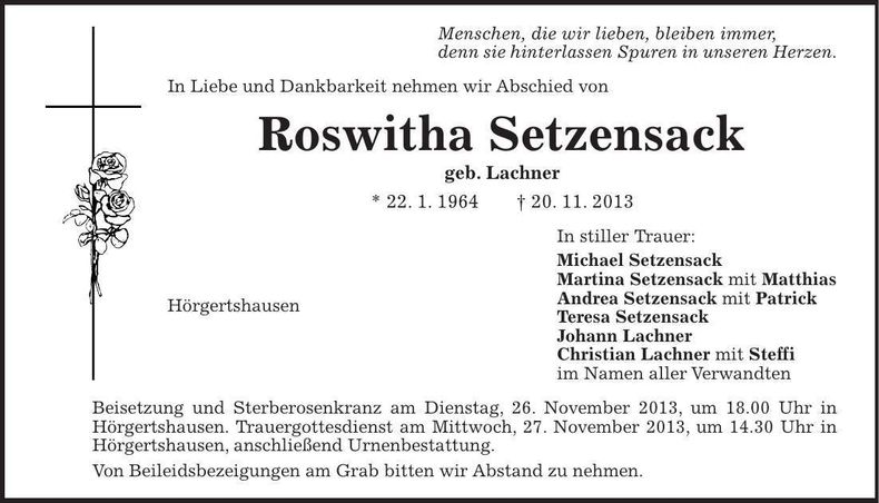 Traueranzeige Roswitha Setzensack