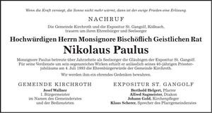 Traueranzeige Nikolaus Paulus