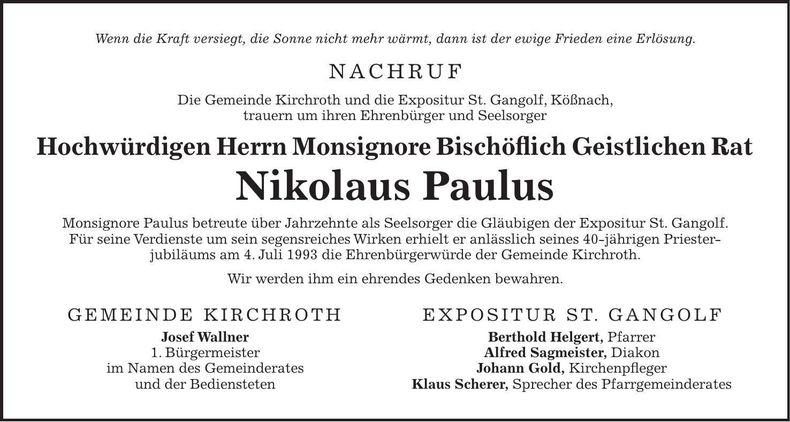 Traueranzeige Nikolaus Paulus