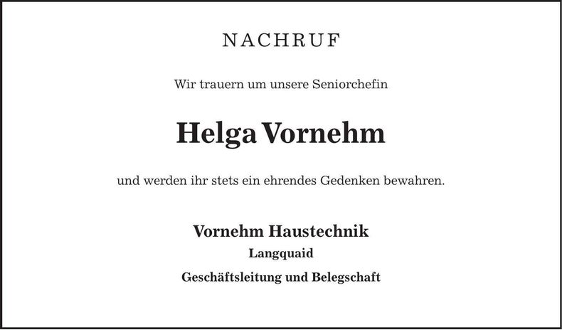 Traueranzeige Heinz Vornehm