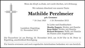 Traueranzeige Mathilde Perzlmeier