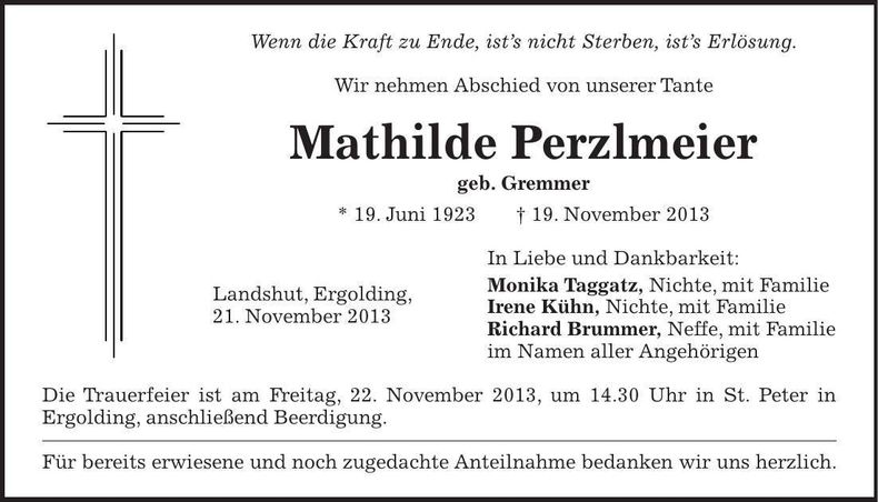 Traueranzeige Mathilde Perzlmeier