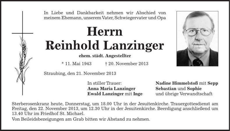 Traueranzeige Reinhold Lanzinger