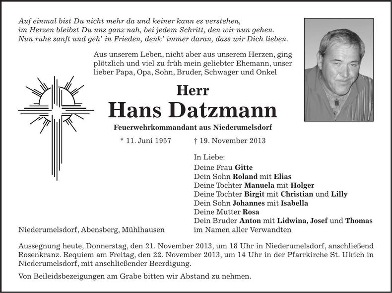Traueranzeige Hans Datzmann