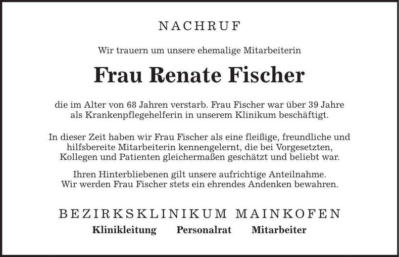 Traueranzeige Renate Fischer