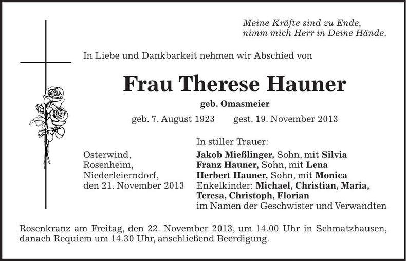 Traueranzeige Therese Hauner