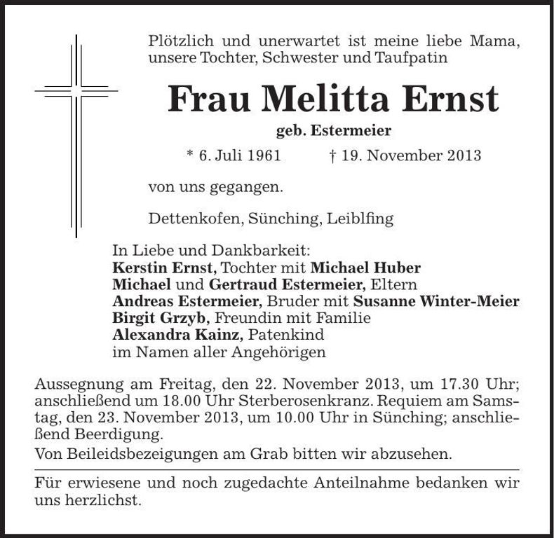 Traueranzeige Melitta Ernst