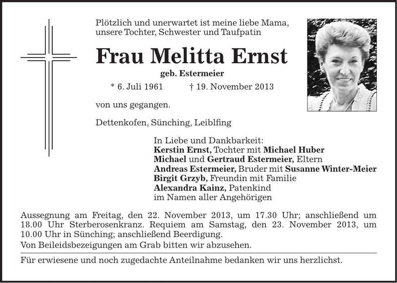 Traueranzeige Melitta Ernst