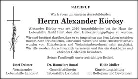 Traueranzeige Alexander Körösy