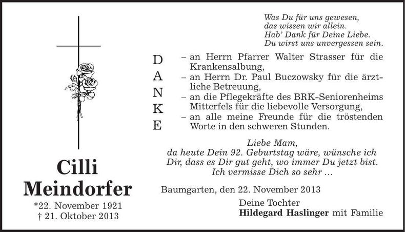Traueranzeige Cilli Meindorfer