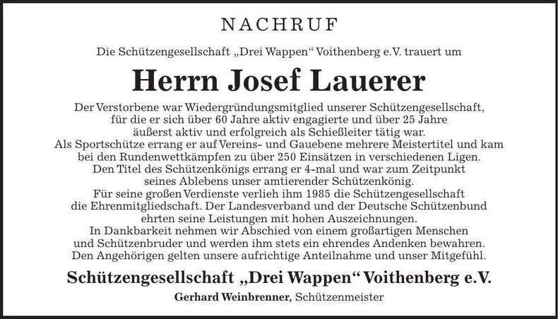 Traueranzeige Josef Lauerer