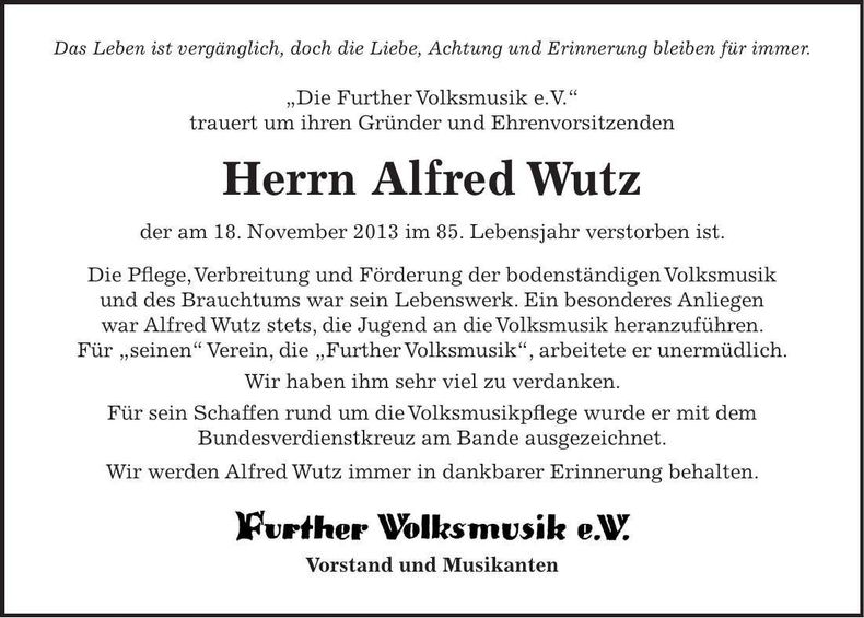 Traueranzeige Alfred Wutz