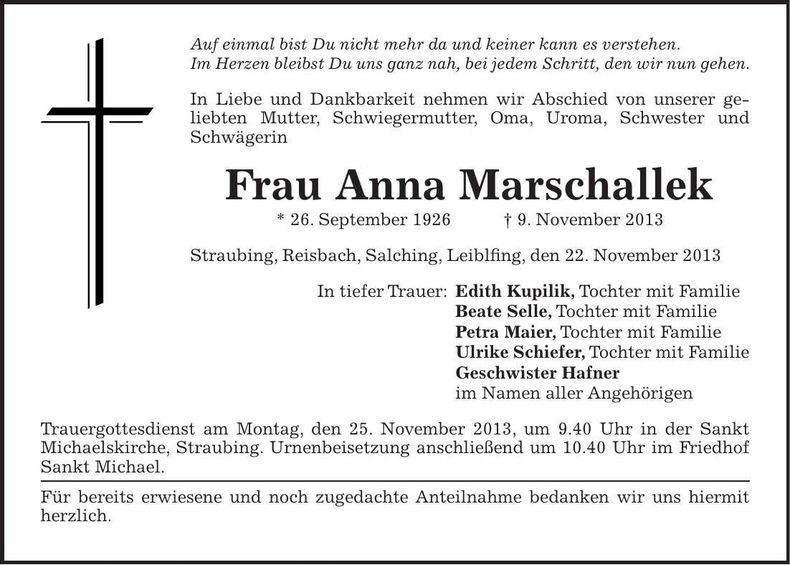 Traueranzeige Anna Marschallek