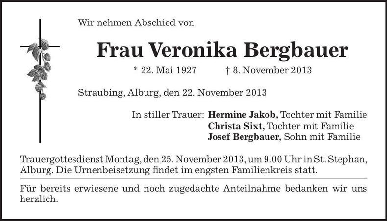 Traueranzeige Veronika Bergbauer