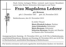 Traueranzeige Magdalena Lederer