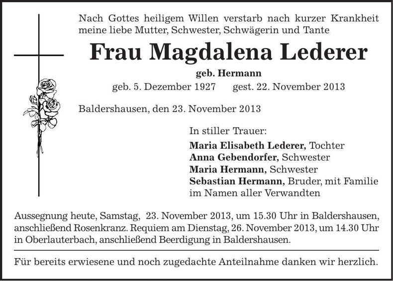 Traueranzeige Magdalena Lederer