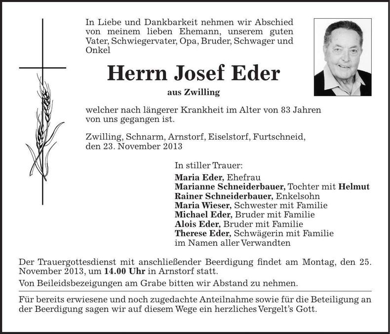 Traueranzeige Josef Eder