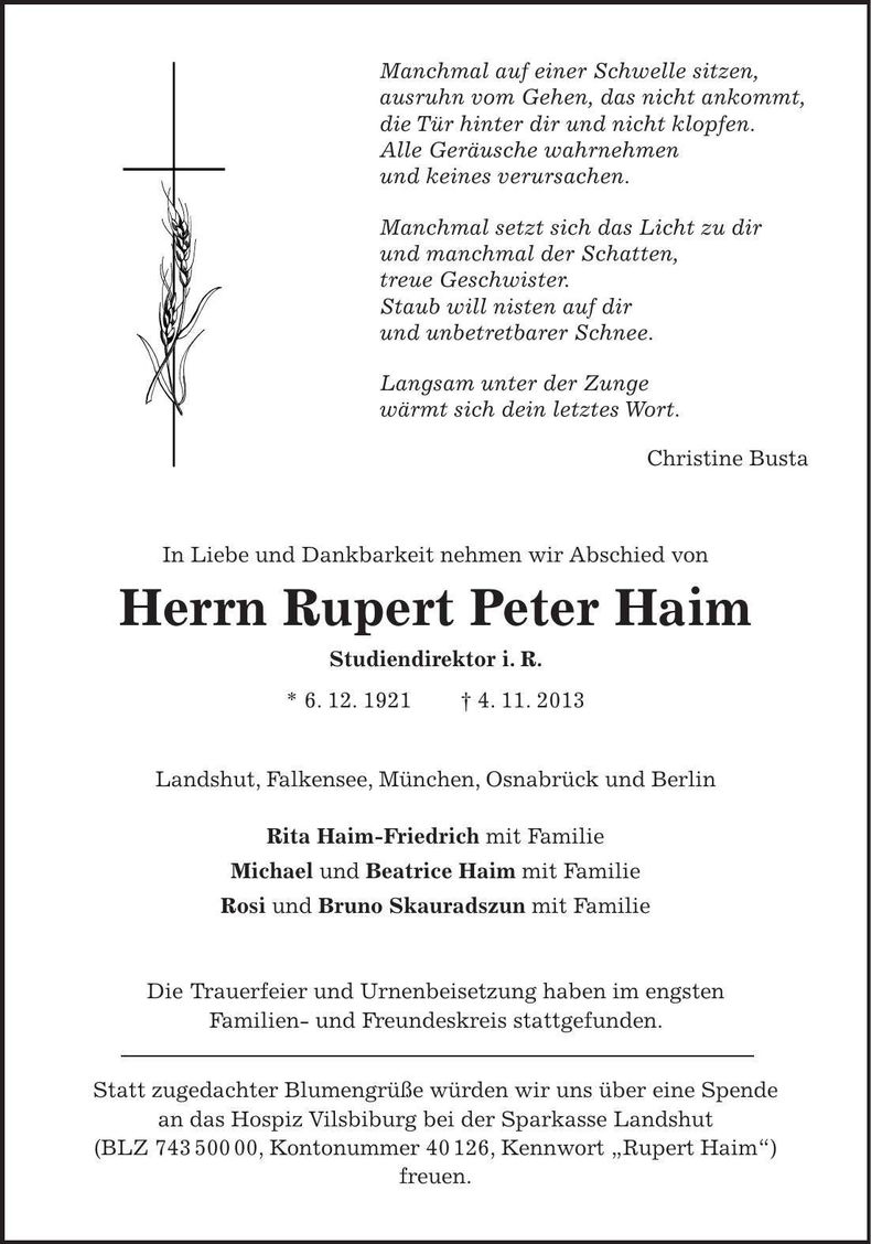 Traueranzeige Rupert Peter Haim