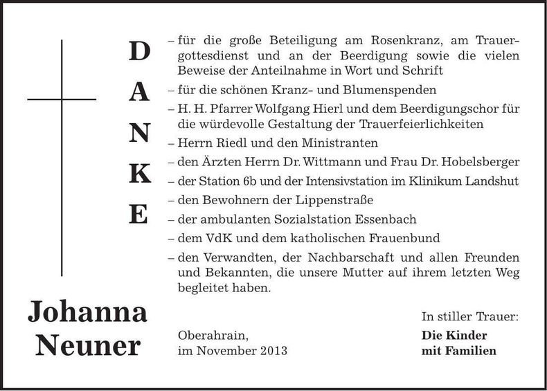 Traueranzeige Johanna Neuner