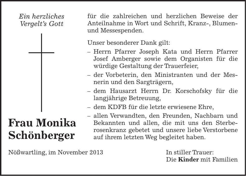 Traueranzeige Monika Schönberger