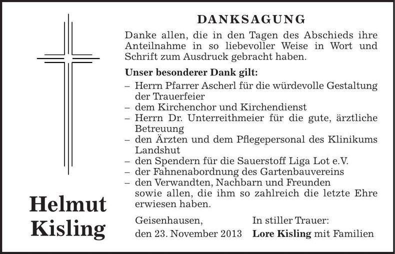 Traueranzeige Helmut Kisling