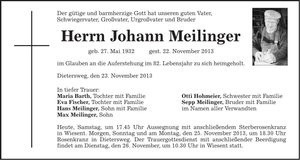 Traueranzeige Johann Meilinger