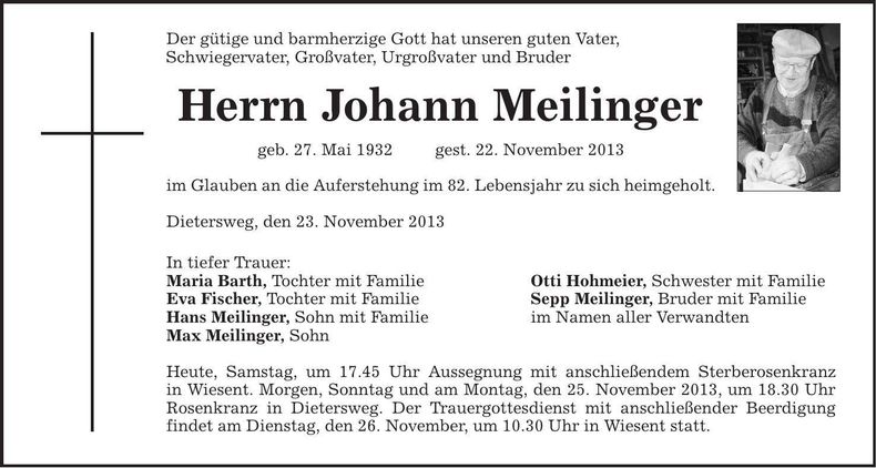 Traueranzeige Johann Meilinger