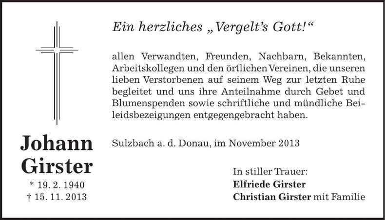 Traueranzeige Johann Girster