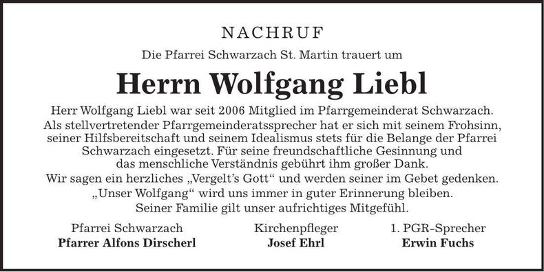 Traueranzeige Wolfgang Liebl