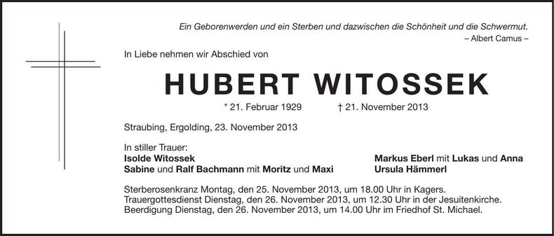 Traueranzeige Hubert Witossek