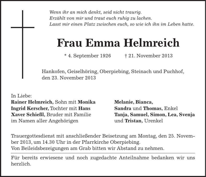 Traueranzeige Emma Helmreich