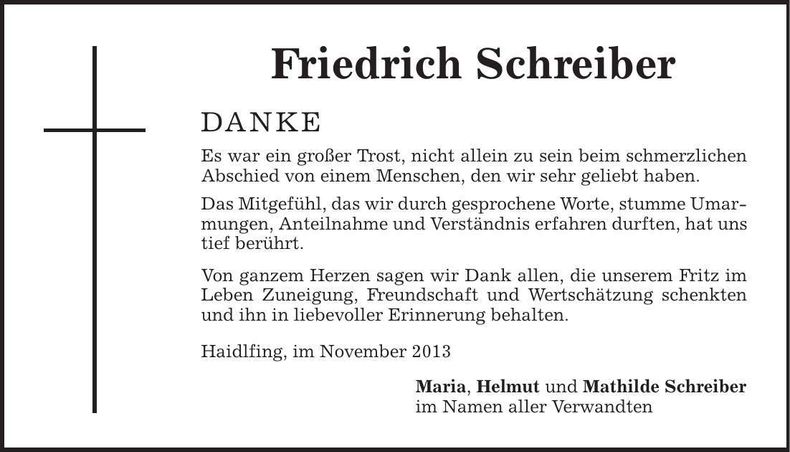 Traueranzeige Friedrich Schreiebr