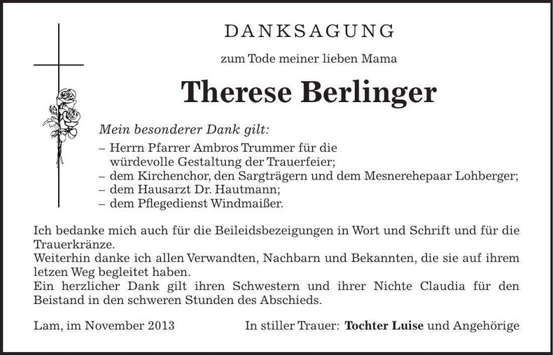 Traueranzeige Therese Berlinger