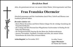 Traueranzeige Franziska Obermeier