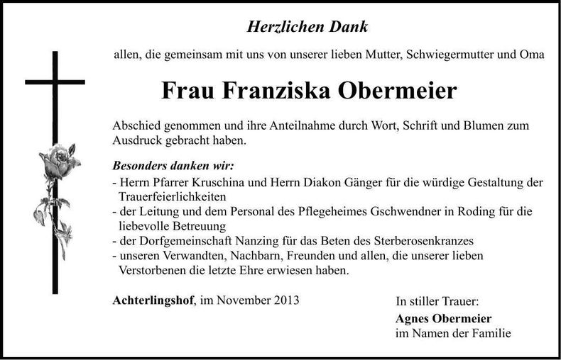 Traueranzeige Franziska Obermeier