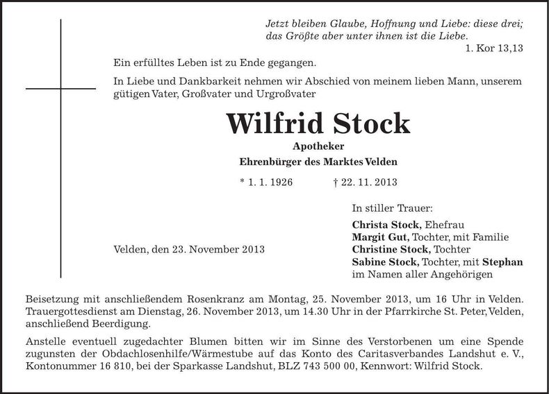 Traueranzeige Wilfrid Stock
