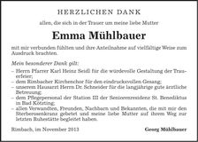 Traueranzeige Emma Mühlbauer