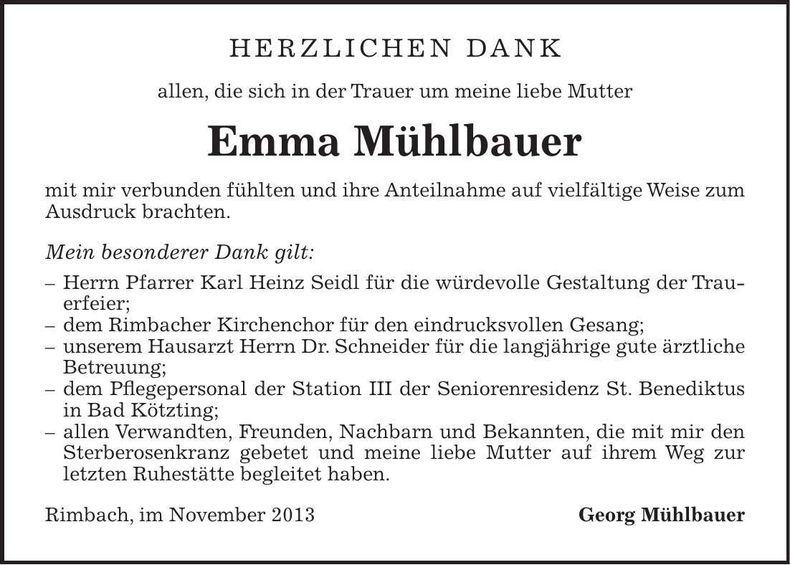 Traueranzeige Emma Mühlbauer