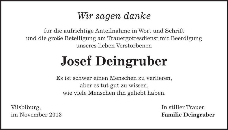 Traueranzeige Josef Deingruber