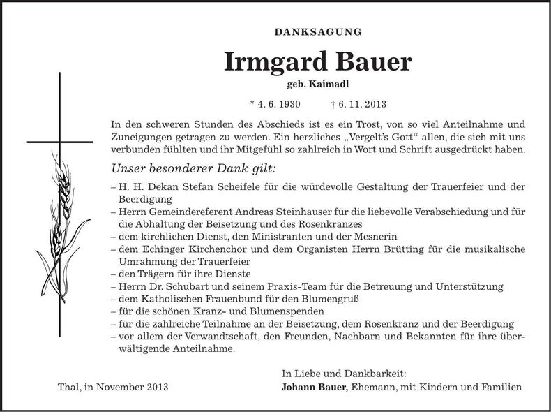 Traueranzeige Irmgard Bauer