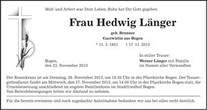 Traueranzeige Hedwig Länger