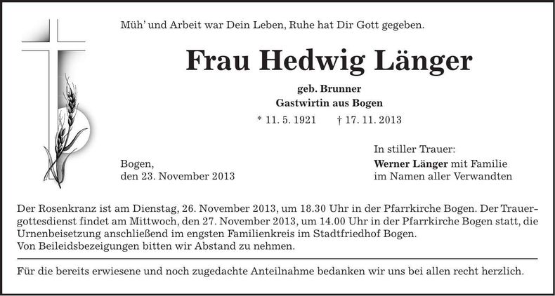 Traueranzeige Hedwig Länger
