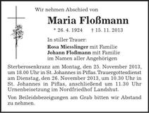 Traueranzeige Maria Floßmann