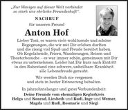 Traueranzeige Anton Hof