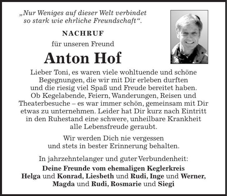 Traueranzeige Anton Hof