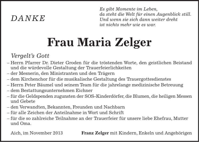 Traueranzeige Maria Zelger