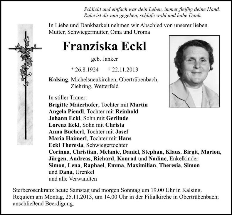 Traueranzeige Franziska Eckl