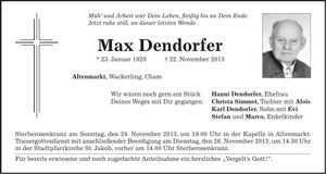 Traueranzeige Max Dendorfer